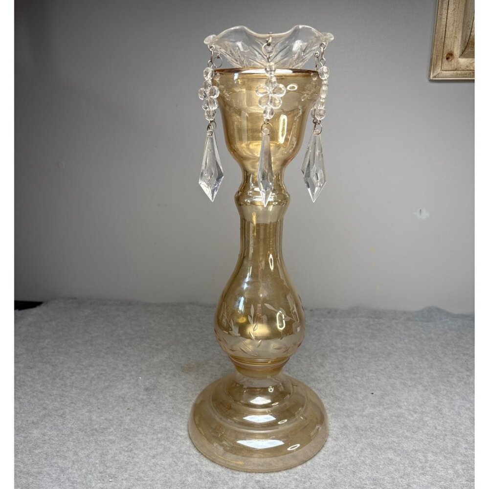 Vintage Amber Glass Candle Holder with Crystal Dangles 13.5"